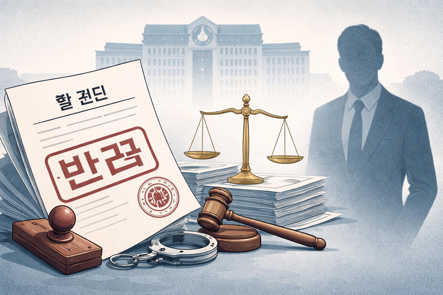 검찰이 반려한 구속영장과 경찰 수사 서류를 상징적으로 표현한 이미지