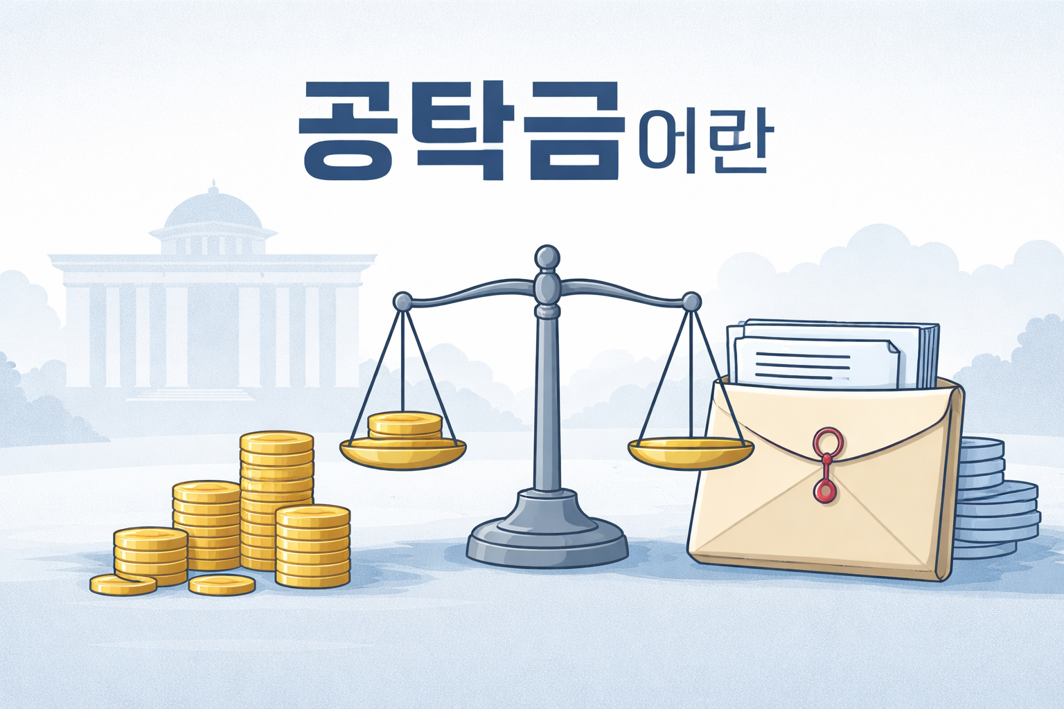 법원 공탁소를 배경으로 공탁금의 종류와 절차를 설명하는 안내 이미지