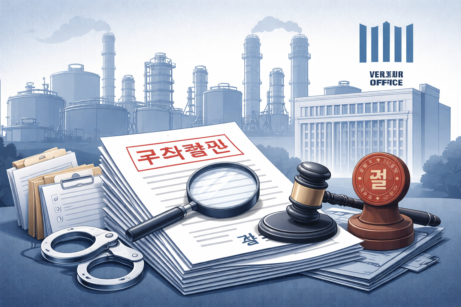 석유화학 업체 담합 의혹과 검찰 구속영장 절차를 설명하는 한국어 정보 이미지