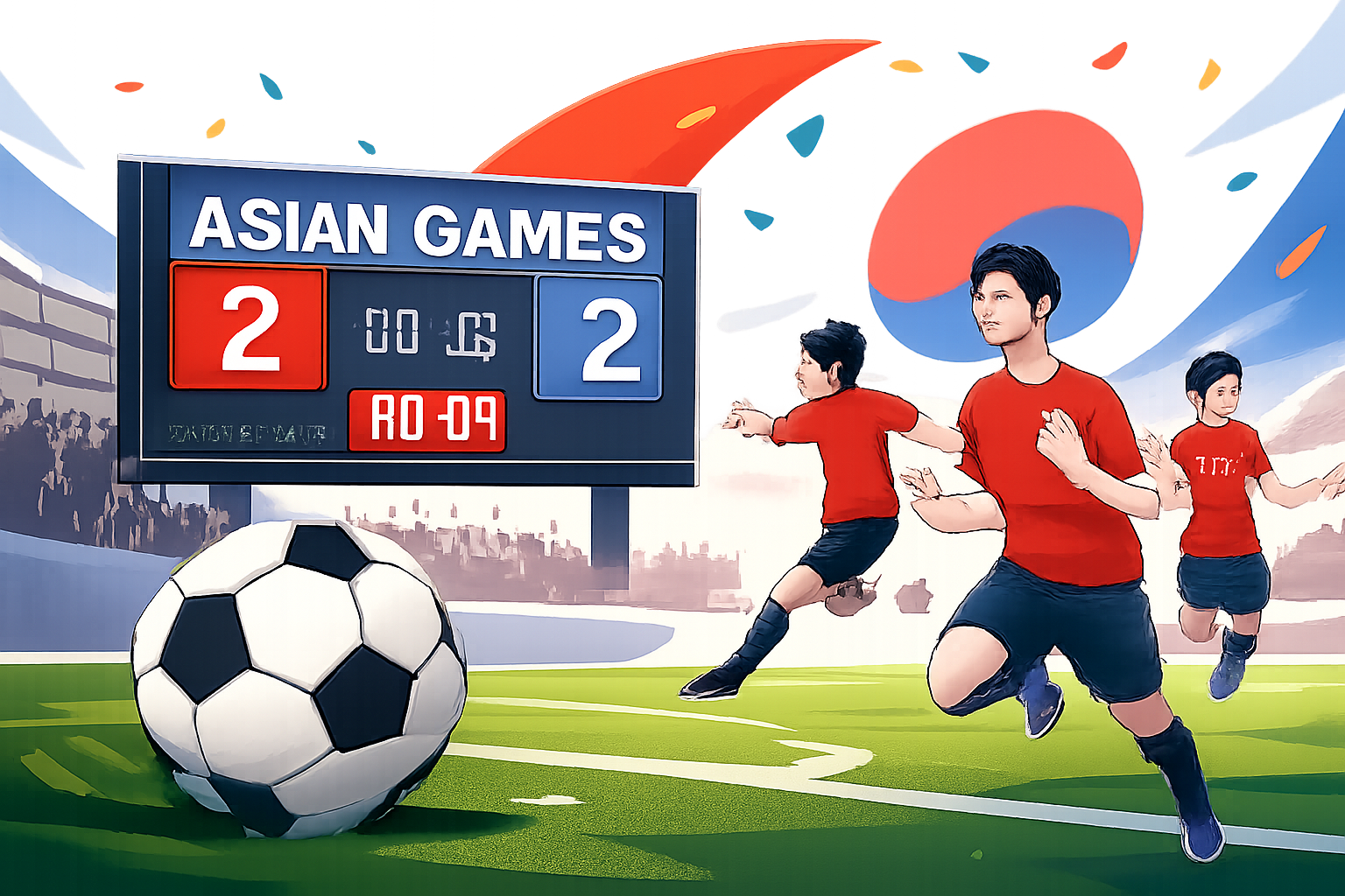 아시안게임 축구 한국 대표팀의 개막전 승리와 향후 일정을 안내하는 스포츠 정보 이미지